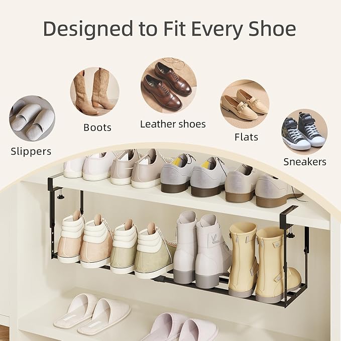 Expandable Shoe Rack Organizer for Cabinet, Adjustable Hanging Under Shelf Storage, Sturdy Round Tube Design, Space Saving Shoe Shelf for Closet, Entryway, Laundry Room, Black