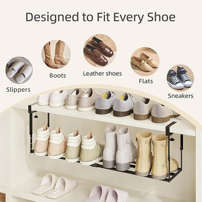 Expandable Shoe Rack Organizer for Cabinet, Adjustable Hanging Under Shelf Storage, Sturdy Round Tube Design, Space Saving Shoe Shelf for Closet, Entryway, Laundry Room, Black