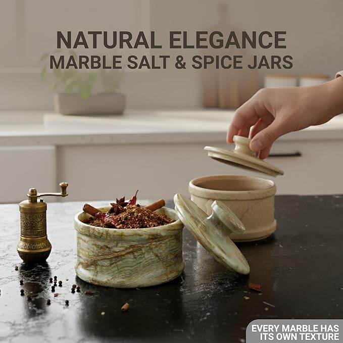 Marble Salt Cellar with Lid 3.5" Inch Verona Salt Box, Seasoning Container & Spice Jars, Stone Salt Holder for Counter, Spice Jar, Verona