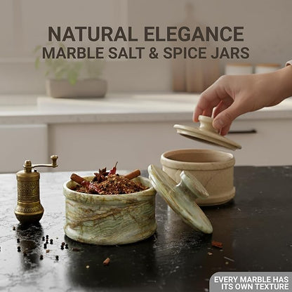Marble Salt Cellar with Lid 3.5" Inch Verona Salt Box, Seasoning Container & Spice Jars, Stone Salt Holder for Counter, Spice Jar, Verona