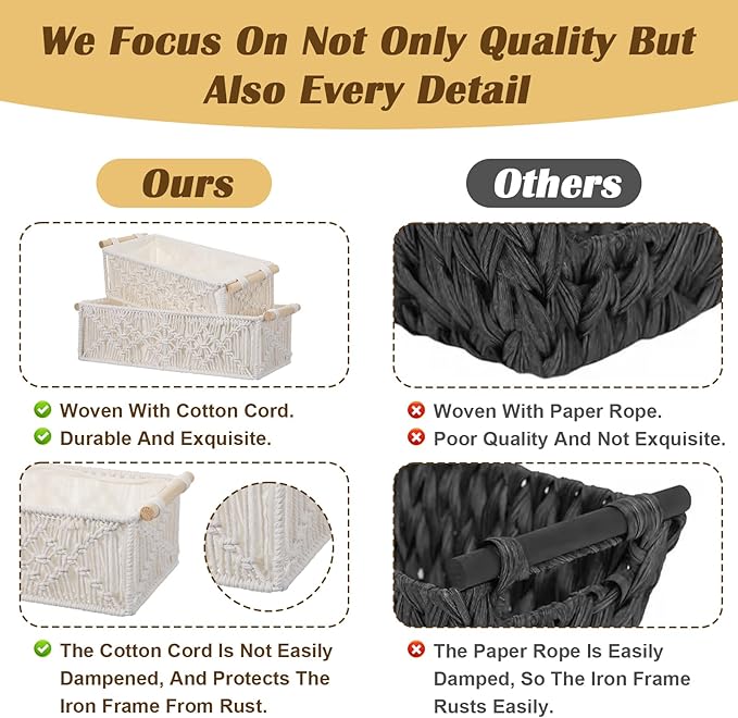 Macrame Storage Baskets Boho Decor Gift Box Woven Toilet Paper Basket with Wood Handles Home Decorative Baskets for Organizing on Shelf Cabinet Countertop Livingroom - Set of 2