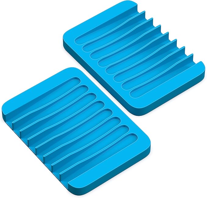 ZAPPOWARE Self Draining Soap Dish for Bar Soap - Pack of 2 Blue Silicone Waterfall Drain Soap Savers for Shower, Bath, Kitchen Countertop