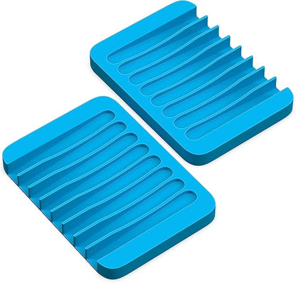 ZAPPOWARE Self Draining Soap Dish for Bar Soap - Pack of 2 Blue Silicone Waterfall Drain Soap Savers for Shower, Bath, Kitchen Countertop