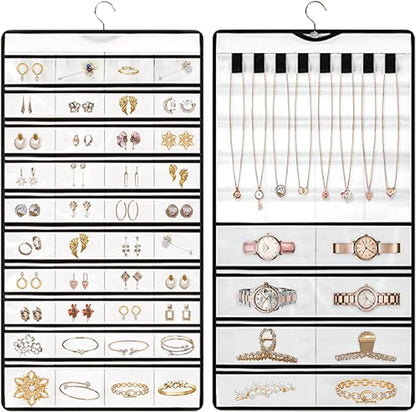 Hanging Jewelry Organizer Storage Earring Jewelry Storage Bag With 48 Pockets Necklace Bracelet Ring Glasses Accessory Display Rack (White)