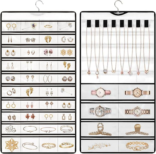 Hanging Jewelry Organizer Storage Earring Jewelry Storage Bag With 48 Pockets Necklace Bracelet Ring Glasses Accessory Display Rack (White)