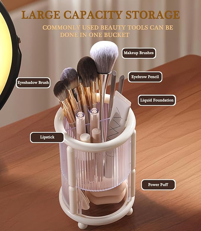 Upgrade Makeup Brush Holder Organizer with Lid, Automatic Lifting Dustproof Makeup Brushes Organizer with 4 Compartments for Vanity，Cosmetic Storage for Dresser Countertop (White)