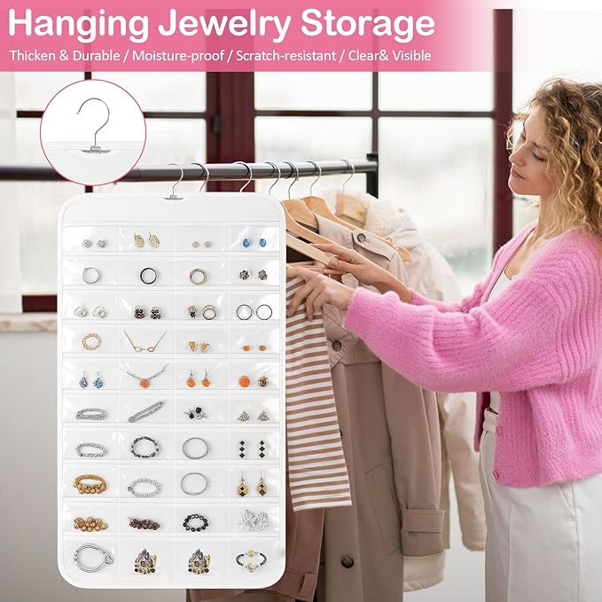 2 Pack Hanging Jewelry Organizer, 80 Clear Pockets earring organizer and storage, Accessories holder organizer for Closet, Jewelries, Necklace, Travel