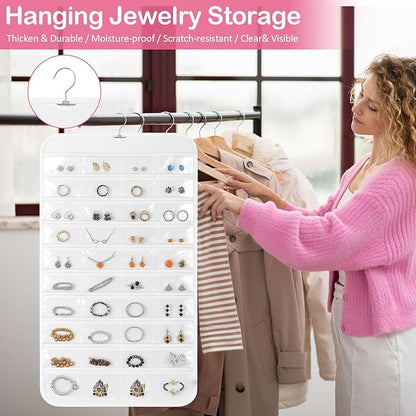 2 Pack Hanging Jewelry Organizer, 80 Clear Pockets earring organizer and storage, Accessories holder organizer for Closet, Jewelries, Necklace, Travel