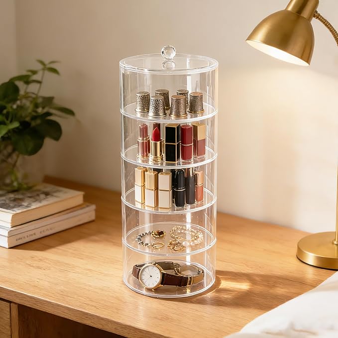 5 Layers Acrylic Belt Organizer, Stackable Storage Box Clear Display Case for Belts, Jewelry, Watches, Hair Accessories, Vanity and Closet, 2.6 Inch Height by 5.5 Inch Diameter