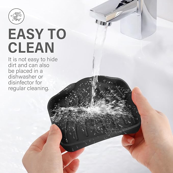 Silicone Soap Dish with Drain, SAISN Kitchen Soap Tray for Shower 2 Pack Self Draining Soap Dish Soft Bathroom Soap Holder for Kitchen Sink Flexible Portable Soap Saver, Black