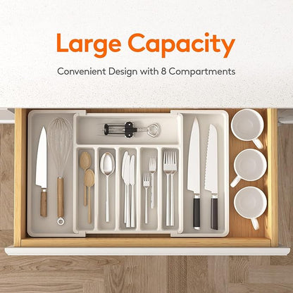 Lifewit Silverware Drawer Organizer, Expandable Utensil Tray for Kitchen, BPA Free Flatware and Cutlery Holder, Adjustable Plastic Storage for Spoons Forks Knives, 13-22 x 15", White