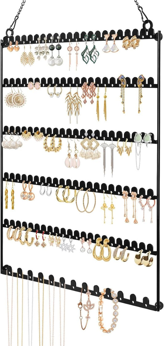 6 Tier Earring Holder Wall Mounted Hanging Earring Organizer, Earring Display Storage with 123 Holes and 129 Grooves Jewelry Organizer Tree for Stud/Hoop/Dangle Earrings Necklace（Black）