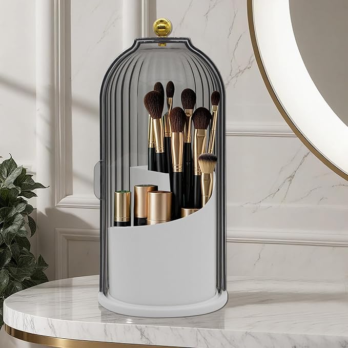 Makeup Brush Holder with Lid Cosmetic Tools Organizer 360 Rotating Waterproof Dustproof Make Up Brushes Storage for Vanity Bathroom Countertop