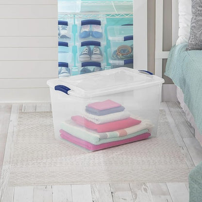 66-Quart Large Storage Bin - Clear Plastic Container with Blue Latch Lid, Airtight & Stackable Design for Garage, Basement or Pantry Organization, Heavy Duty BPA-Free (6 pack)
