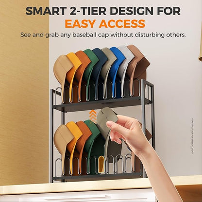 Cinati 2-Tier Hat Organizer for Baseball Caps, 18 Capacity Freestanding Baseball Cap Rack, Metal & Wood Hat Storage for Closet Entryway Bedroom, Black Cap Holder Stand, Gifts for Men Dad