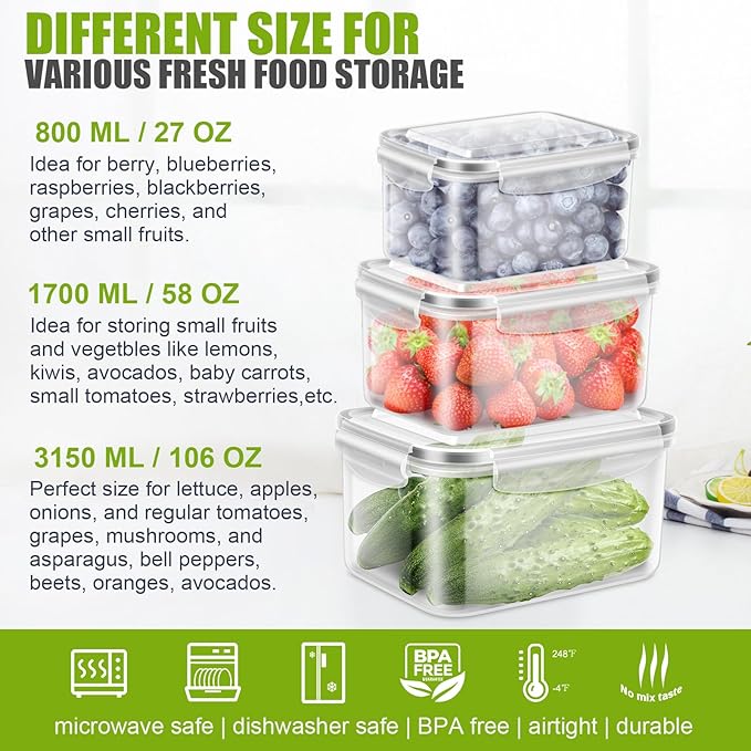 6 Pieces Large Fruit Produce Storage Containers for Fridge Keep Fresh, 3 PackLettuce Keeper with Colander, BPA-Free Plastic Berry Containers Vegetables Saver Refrigerator Organizer