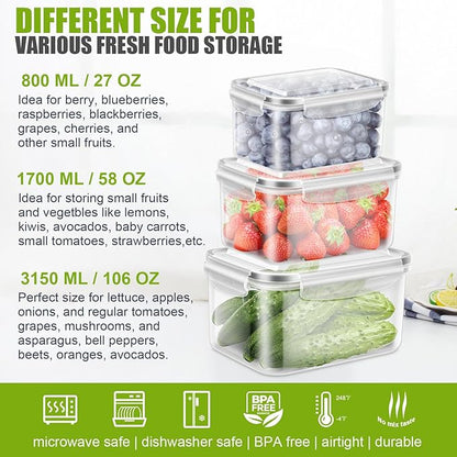 6 Pieces Large Fruit Produce Storage Containers for Fridge Keep Fresh, 3 PackLettuce Keeper with Colander, BPA-Free Plastic Berry Containers Vegetables Saver Refrigerator Organizer