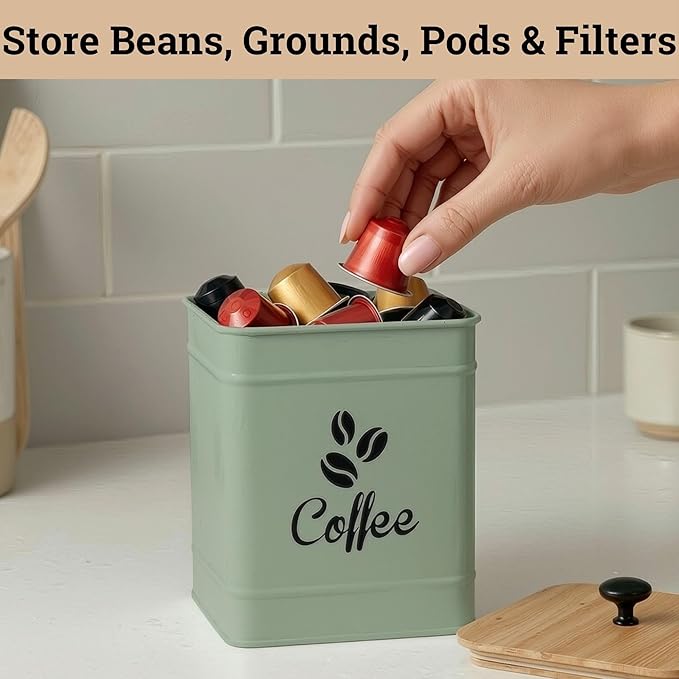 Airtight Coffee Canister - 40 oz Large Iron Sage Green Container Airtight - 6 x 8 inch Metal Jar - Stylish Countertop Container for Coffee Grounds, Beans & Pods with Rubber-Lined Bamboo Lid