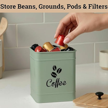 Airtight Coffee Canister - 40 oz Large Iron Sage Green Container Airtight - 6 x 8 inch Metal Jar - Stylish Countertop Container for Coffee Grounds, Beans & Pods with Rubber-Lined Bamboo Lid