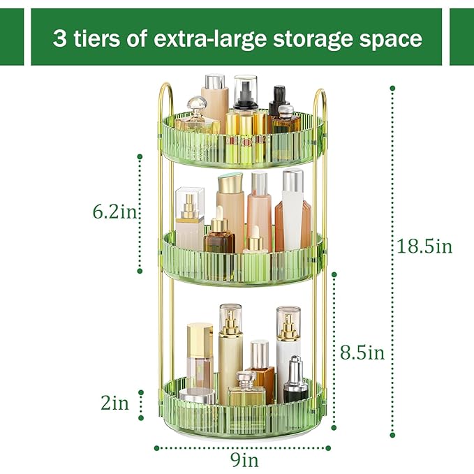 MOKANI 360 Rotating Makeup Organizer for Vanity, 3 Tier Adjustable Perfume Organizer for Dresser, Multi-Function Spinning Cosmetics Skincare Storage for Bedroom, Dresser, Countertop, Green