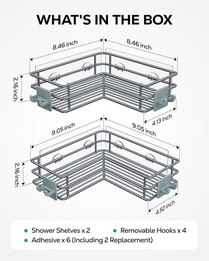 Nieifi Adhesive Corner Shower Caddy Shelf Basket Rack with Hooks, Rust Proof Stainless Steel Bathroom Shelf Shampoo Holder No Drilling (Gray)