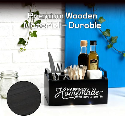 Wooden Paper Plate Dispenser with Handle - Party & Kitchen Countertop Cutlery Holder for Plates, Forks, Spoons & Napkins