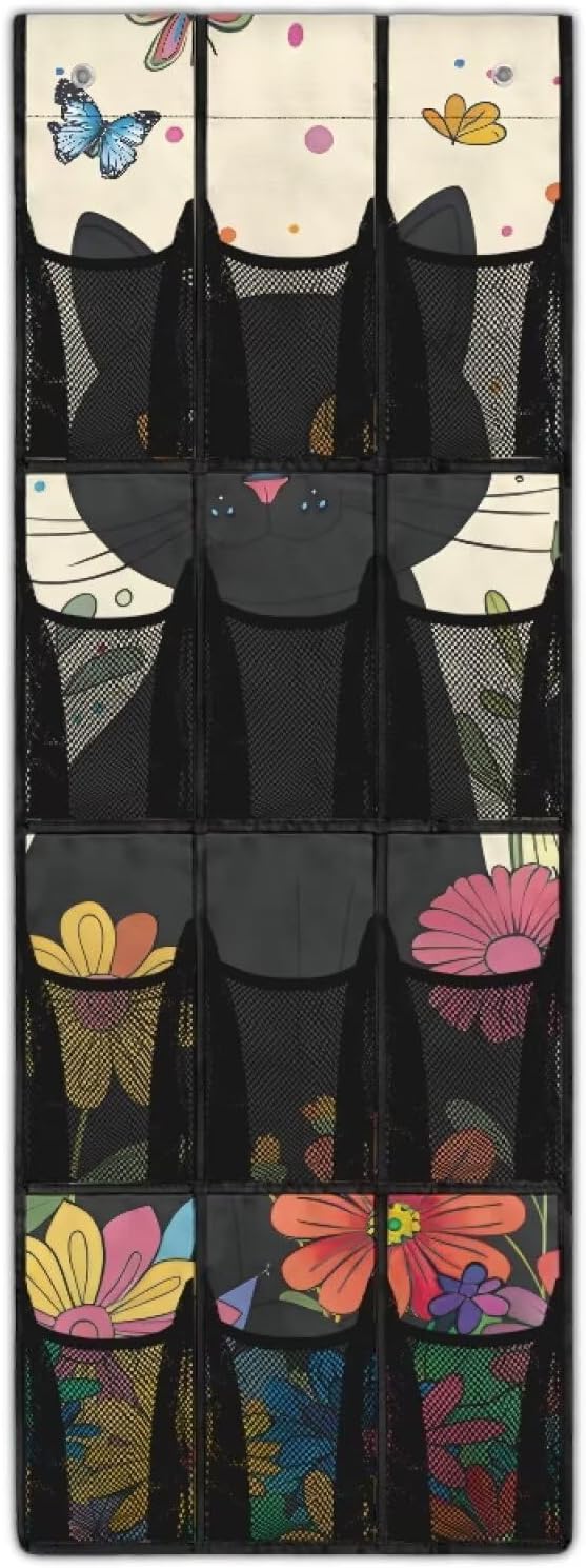 Cute Cat Door Hanging Shoe Organizer Mesh Fabric Over The Door Shoe Organizer for Closet 12 Pockets Butterfly Wall Hanging Storage Space Saving Shoe Holder Hanger for Kids Room