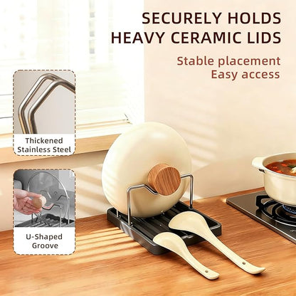 Pot Lid Holder and Spoon Rest, 2-in-1 Kitchen Counter Organizer with Stainless Steel Lid Holder While Cooking and Plastic Utensil Rest, Space Saving Pot Cover Rack for Stovetop and Countertop (Black)