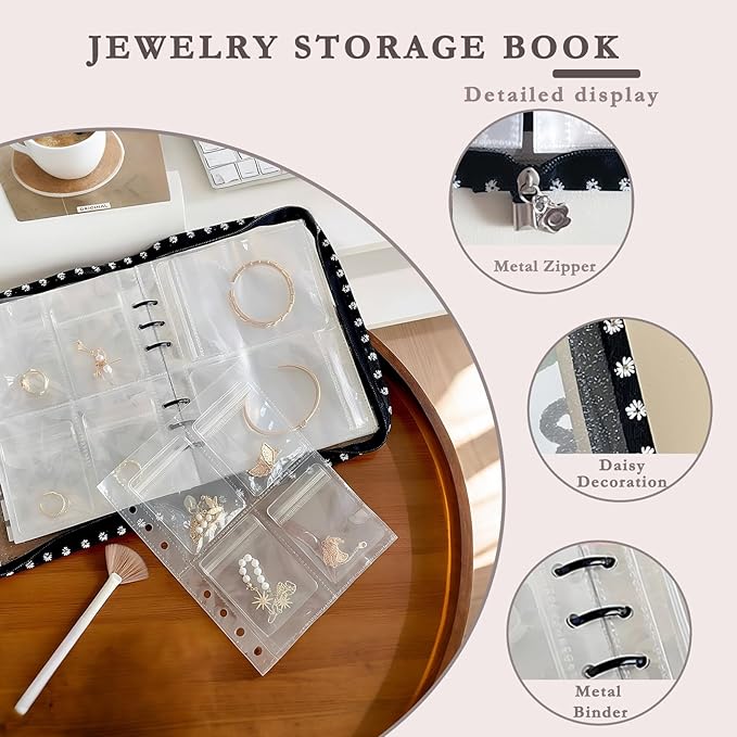 Jewelry Organizer Travel,Jewelry Storage Book with 45 Portable thick PVC pouches,Jewelry Organizer Zipper Bags for Necklaces Bracelet Rings and Earrings (front cover removable),Black
