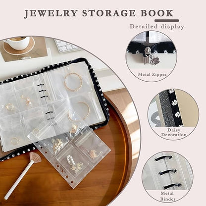 Jewelry Organizer Travel,Jewelry Storage Book with 40 Large PVC pouches,Portable Jewelry Organizer Zipper Bags for Necklaces Bracelet Rings and Earrings (front cover removable),Black