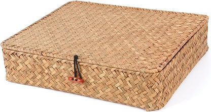Moosky Flat Wicker Shelf Baskets with Lid, Seagrass Woven Basket Boxes for Storage Basket Bins Multipurpose Home Decor Organizer (Natural Large)