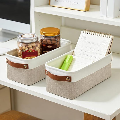 Bagnizer Small Fabric Storage Baskets, 15x6x5 inch Narrow Storage Bins 4-Pack Long Storage Basket for Organizing with Handles, Decorative Basket for Closets, Shelves, Toilet Paper, Beige