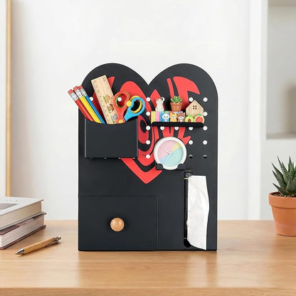 Magnetic Pegboard Organizer for Office Desk, Makeup Vanity, Stationery Storage, Gaming Desktop with 4 Metal Accessories Drawer Holder Hooks Modular - Home Decor Tabletop Display Kids Room - Black