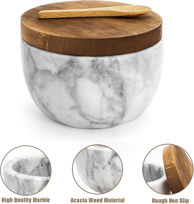Nicunom Marble Salt Cellar with Acacia Wood Lid and Spoon, Elegant Handcrafted Salt Box Pepper Bowl Spice Jar Seasoning Keeper Salt Container for Kitchen Counter
