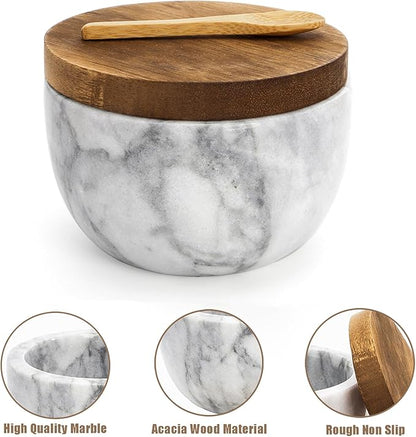 Nicunom Marble Salt Cellar with Acacia Wood Lid and Spoon, Elegant Handcrafted Salt Box Pepper Bowl Spice Jar Seasoning Keeper Salt Container for Kitchen Counter