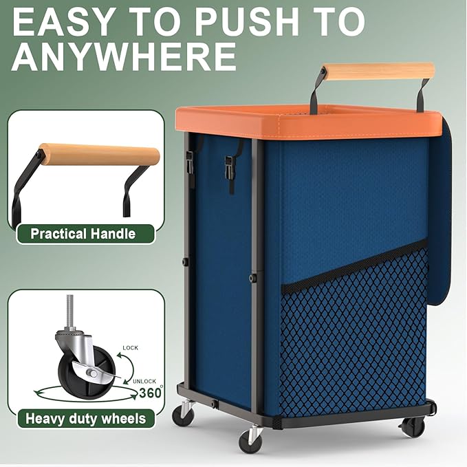 150L (40 Gal) Extra Large Fashion Laundry Basket with Wheels, Rolling Basket Hamper with Handle, Organizer Storage Cart with Sturdy Metal Frame for Laundry Room - Dark Blue