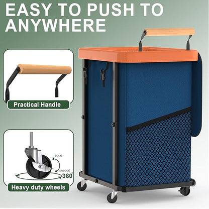 150L (40 Gal) Extra Large Fashion Laundry Basket with Wheels, Rolling Basket Hamper with Handle, Organizer Storage Cart with Sturdy Metal Frame for Laundry Room - Dark Blue