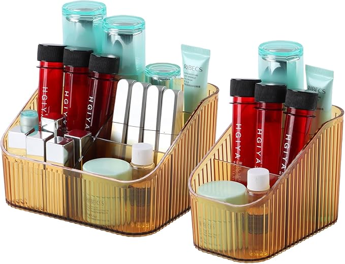 Amber Makeup Organizer, Makeup Brush Holder 8 Cups for Vanity, Bathroom Countertop Organizer, Dresser Cups for Cosmetic Display, Skincare Stroage, Perfume Stand, Toiletry