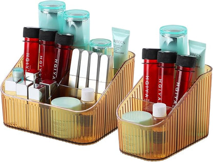 Amber Makeup Organizer, Makeup Brush Holder 8 Cups for Vanity, Bathroom Countertop Organizer, Dresser Cups for Cosmetic Display, Skincare Stroage, Perfume Stand, Toiletry
