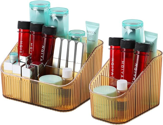 Amber Makeup Organizer, Makeup Brush Holder 8 Cups for Vanity, Bathroom Countertop Organizer, Dresser Cups for Cosmetic Display, Skincare Stroage, Perfume Stand, Toiletry