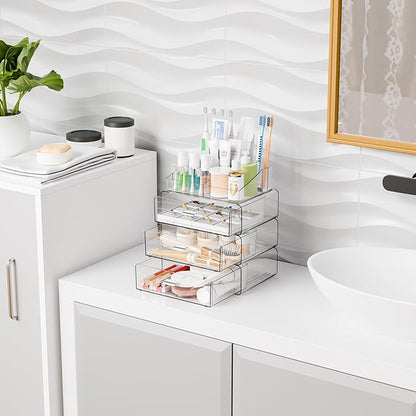 Yieach 4 Tier Clear Acrylic Makeup Organizers with Drawers,Tiered Countertop Make up Storage Organizer for Dresser Top and Bathroom Vanity,Plastic Makeup Stand for Brush,Skincare,Beauty Organizers