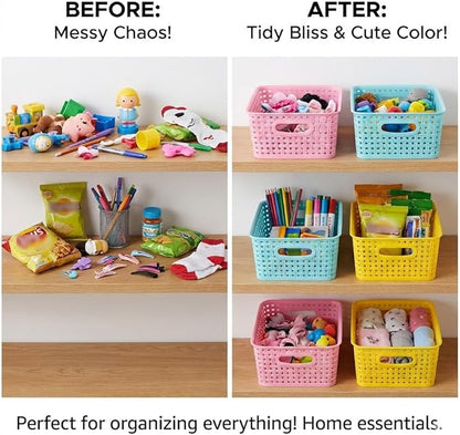 Colorful Small Plastic Storage Woven Baskets, 6 Pack Versatile Shelf Organizer Weave Baskets for Classrooms, Children's Rooms & Pantries, Pink/Yellow/Blue-10x7.5x4 inch