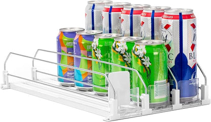 RULA Drink Organizer for Fridge, Width Adjustable Water Bottle Pusher Glide, Self-Pushing Soda Can Dispenser for Refrigerator - Holds up to 15 Cans (15" D, 3 Rows)