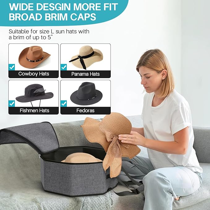 SLEEPING LAMB Large Hat Box for Women Storage, Collapsible Cowboy Hat Travel Case with Handles for Men Carry and Wide Brims Cap Organizer for Closet, Gray