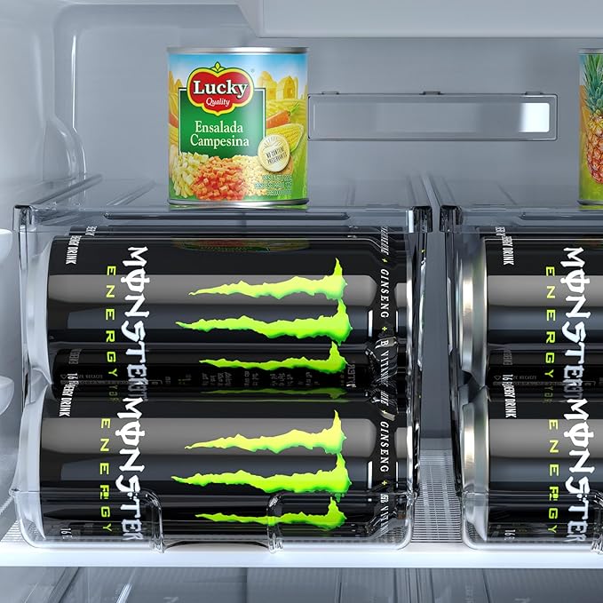 SCAVATA 4 Pack Tall Skinny Can Organizer for Refrigerator, Stackable Large Soda Cans of 16oz & 17oz Beverage Energy Drink Container Holder Dispenser with Lid for Fridge, Clear Storage Plastic Bins