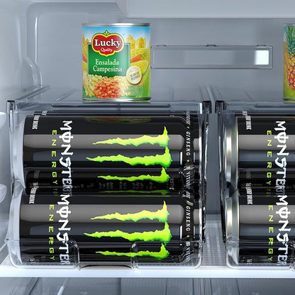 SCAVATA Soda Can Organizer for Refrigerator for Tall Cans of 16oz & 17oz, Stackable Beverage Cans Container Holder Dispenser with Lid for Fridge Pantry Rack Freezer (One Pack)