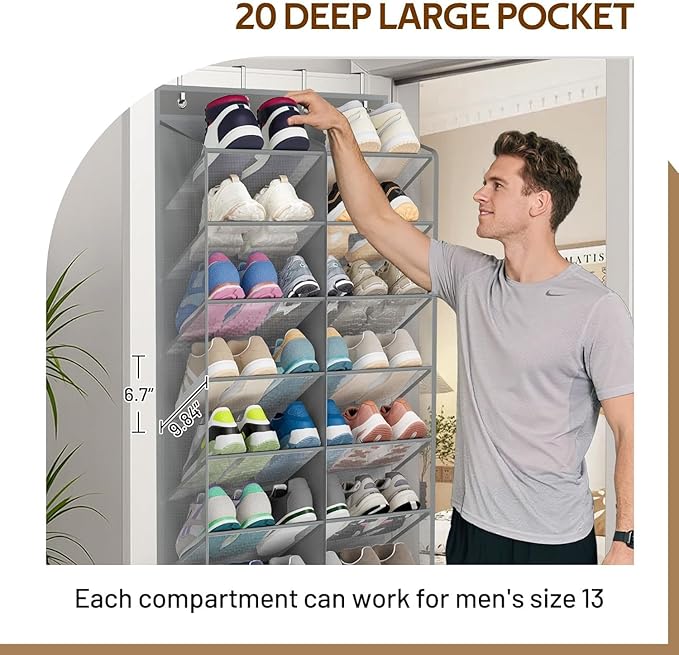 30 Pairs Over the Door Shoe Organizer, Hanging Shoe Organizer with 4 Metal Hooks, Large Capacity Breathable Mesh Shoe Rack for Closet Door, Multi-Pocket Storage for Shoes, Hats, Toys, Towels (Black)