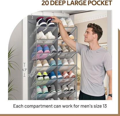 30 Pairs Over the Door Shoe Organizer, Hanging Shoe Organizer with 4 Metal Hooks, Large Capacity Breathable Mesh Shoe Rack for Closet Door, Multi-Pocket Storage for Shoes, Hats, Toys, Towels (White)