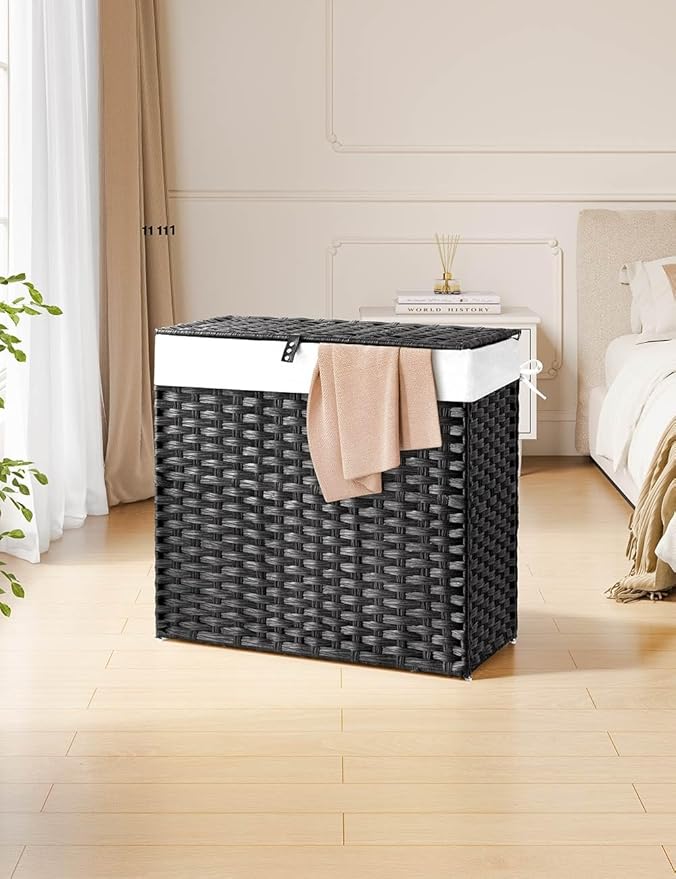 Greenstell Laundry Hamper with Lid, 125L Laundry Basket with 2 Removable Liner Bags & 2 Mesh Bags, Handwoven Synthetic Rattan Clothes Hamper for Clothes, Toys in Bathroom, Bedroom, Foldable, Black