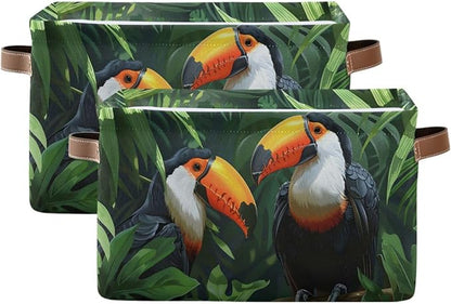 Large Storage Basket Toucans Couple Storage Bin Cube Canvas Fabric Organizer Handles Collapsible for Clothes Toys Bedroom Decorative